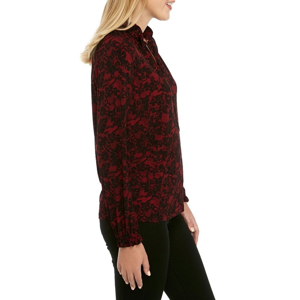 New! MICHAEL KORS Women's Lace Print Ruffled Tie-Neck Top Blouse XS Red Black - Picture 3 of 4